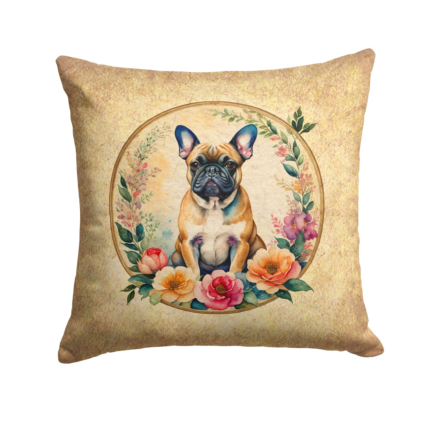 Fawn French Bulldog and Flowers Throw Pillow-0