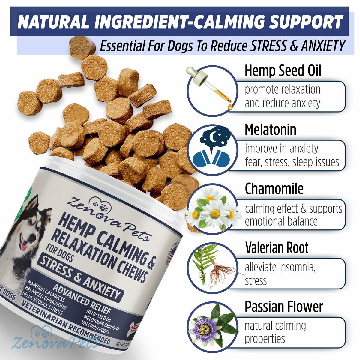 Hemp Calming Chews For Dogs With Melatonin & Hemp Oil (160 Chews) USA MADE Stress & Anxiety Relief Chews fro Dogs