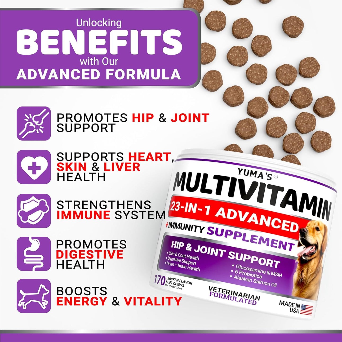 Dog Multivitamin Chewable with Glucosamine - Dog Vitamins and Supplements - 170 Treats - Senior & Puppy