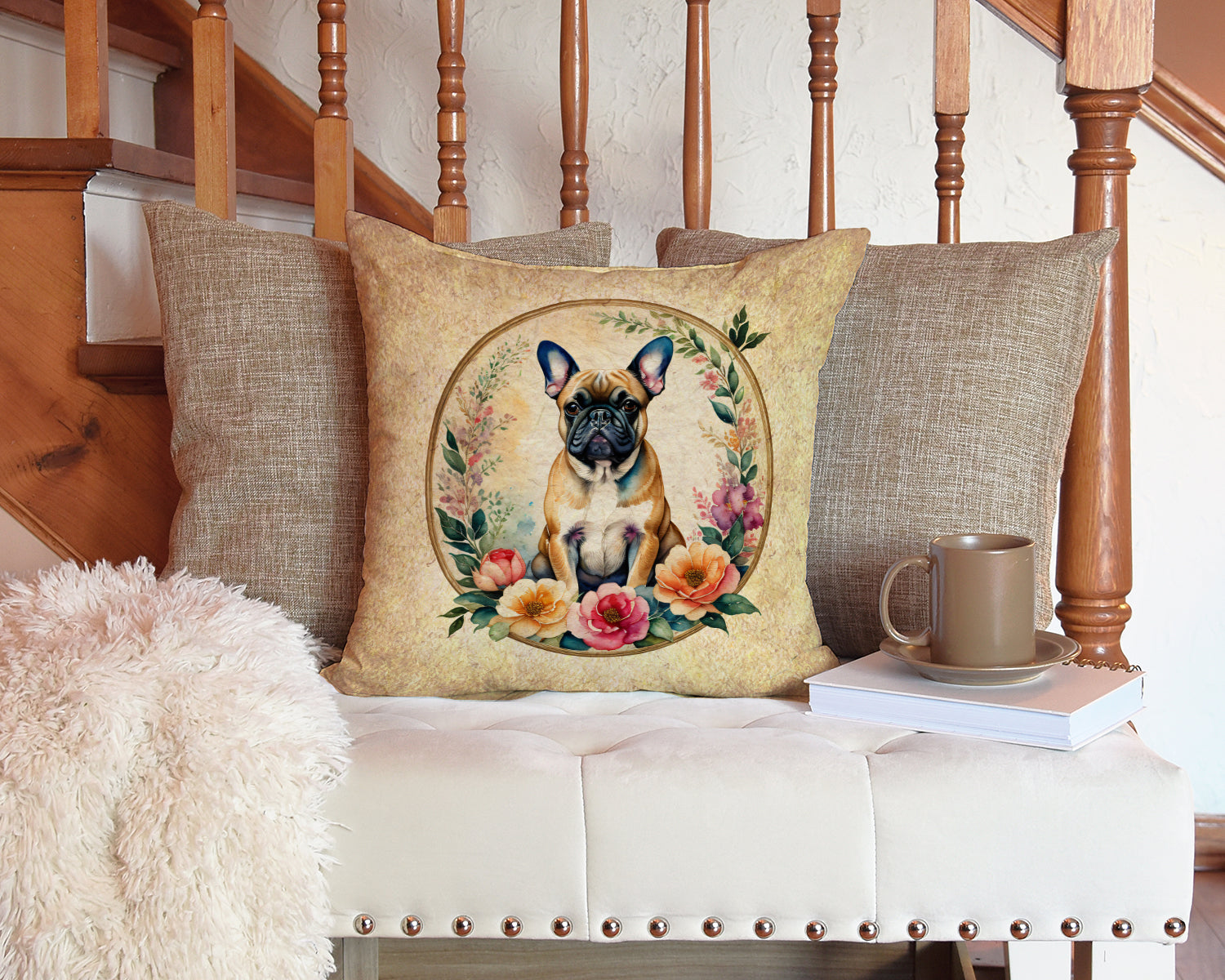 Fawn  French Bulldog and Flowers Throw Pillow-4