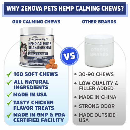Hemp Calming Chews For Dogs With Melatonin & Hemp Oil (160 Chews) USA MADE Stress & Anxiety Relief Chews fro Dogs