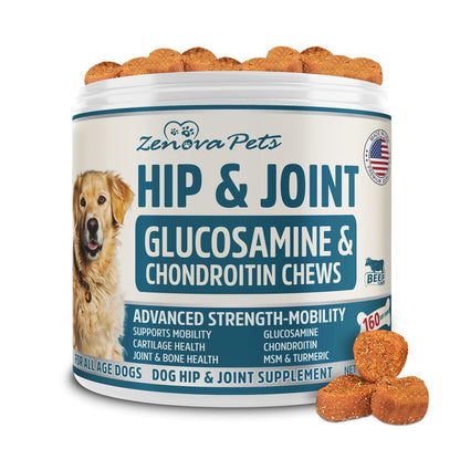 Hip & Joint Supplement for Dogs USA Made 160 Chews - Glucosamine & Chondroitin Promotes Mobility, Sooth Pain Relief
