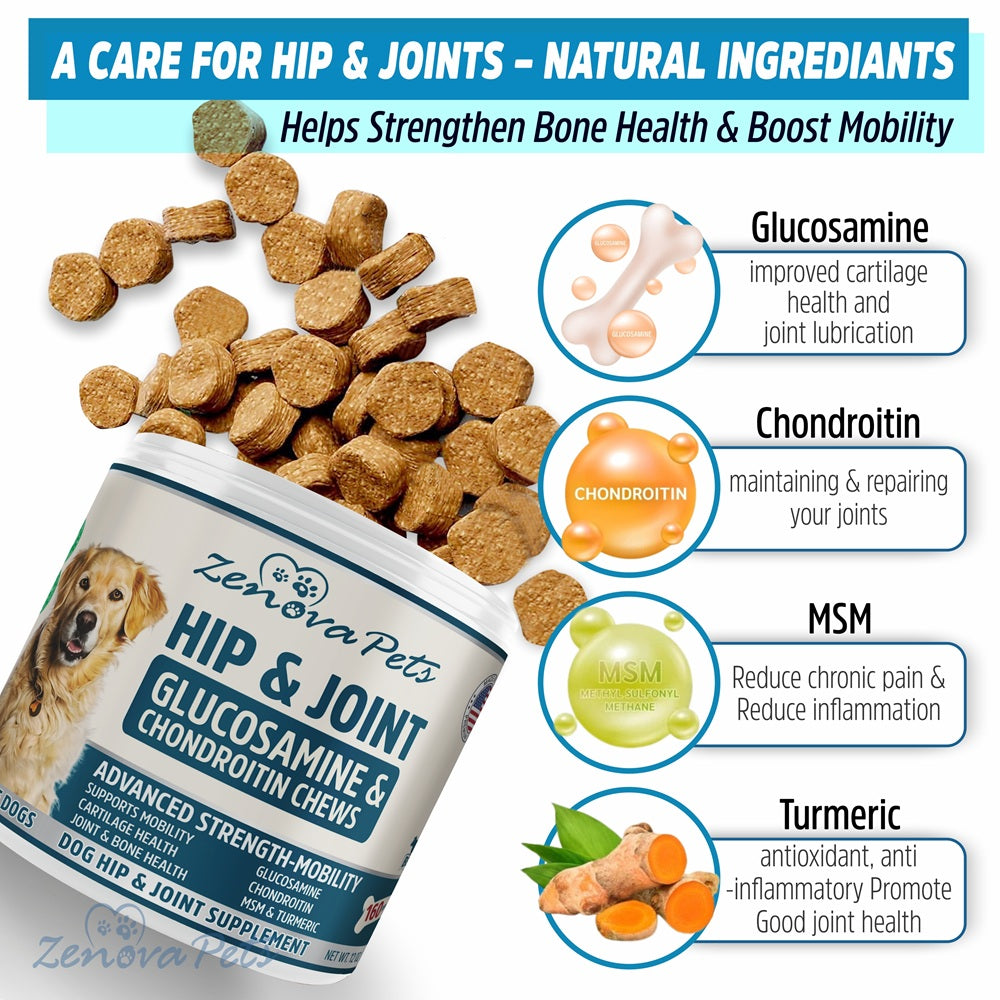 Hip & Joint Supplement for Dogs USA Made 160 Chews - Glucosamine & Chondroitin Promotes Mobility, Sooth Pain Relief