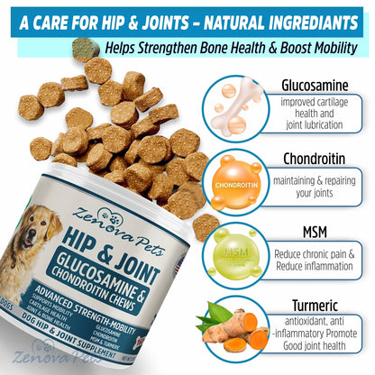 Hip & Joint Supplement for Dogs USA Made 160 Chews - Glucosamine & Chondroitin Promotes Mobility, Sooth Pain Relief