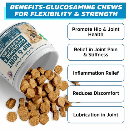 Hip & Joint Supplement for Dogs USA Made 160 Chews - Glucosamine & Chondroitin Promotes Mobility, Sooth Pain Relief