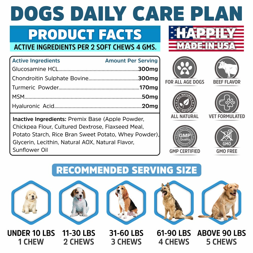 Hip & Joint Supplement for Dogs USA Made 160 Chews - Glucosamine & Chondroitin Promotes Mobility, Sooth Pain Relief